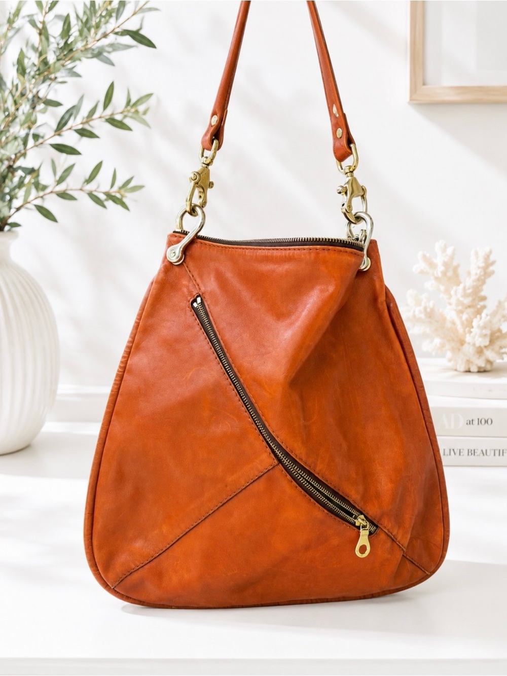 CHRISTOPHER KON Chic Large Camel Colored Leather Shoulder Bag w/Gold Hardware
